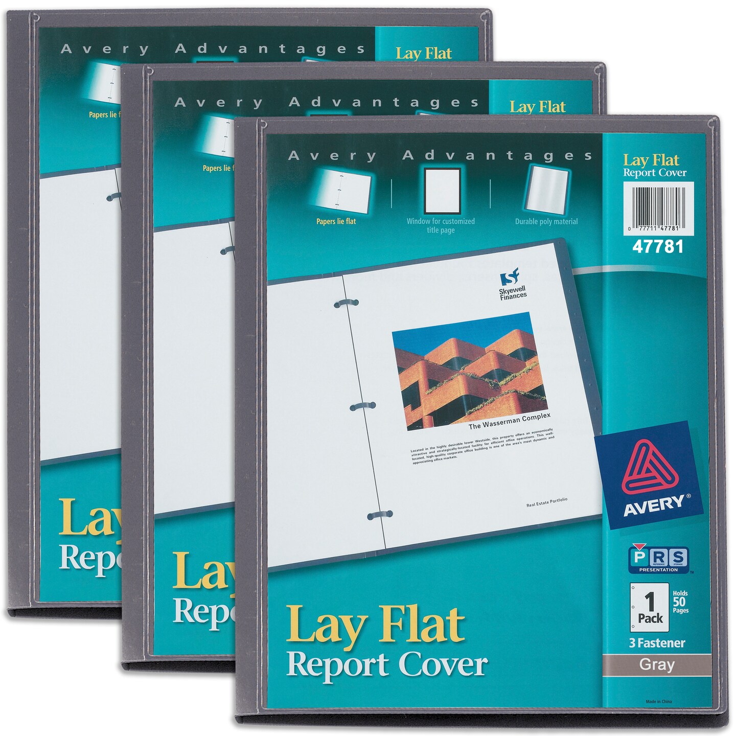 Avery Lay Flat Report Cover with 3 Plastic Fasteners, Clear Front Window, Holds up to 50 Sheets, 3 Gray Covers (47781)