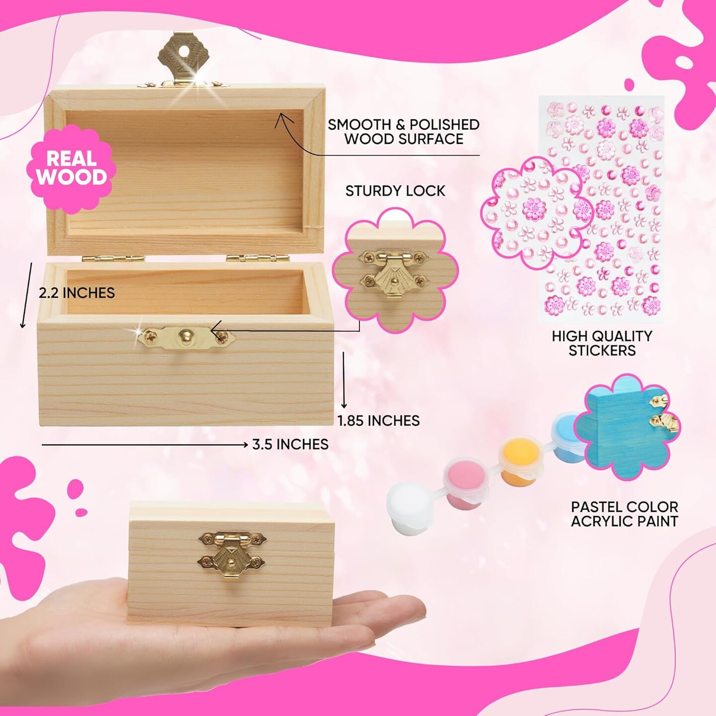 10 Sets Unfinished Wooden Jewelry Box Painting Kit for Kids with Stickers – Bulk Birthday & Party Favors, Goodie Bag Stuffers, Toy Return Gifts, Arts & Crafts Treasure Boxes