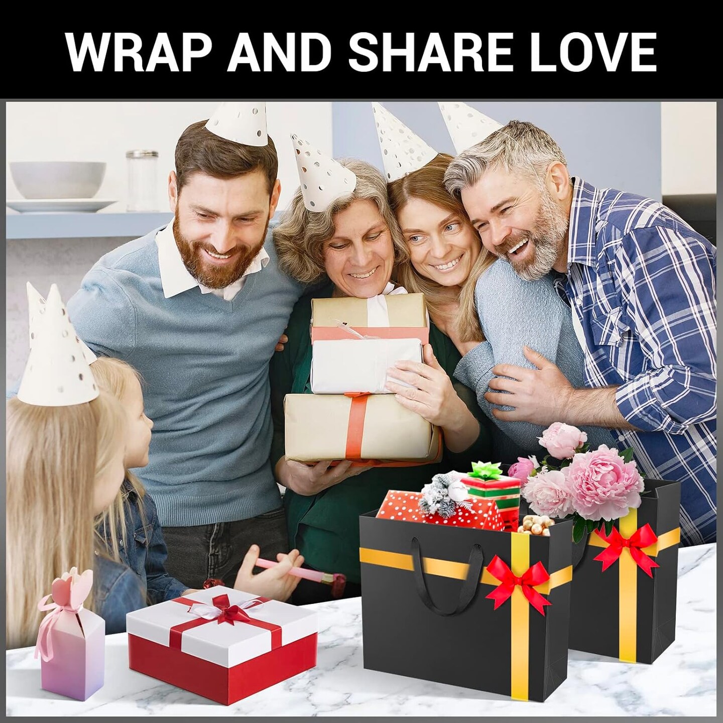 Black Shopping Gift Bags with Handles, 20 Pack 8.6" x3.9" x7" Mini Kraft Paper Gift Wrap Bags with Handles, for Business, Grocery, Boutique, Retail, Wedding, Party Favors, Birthdays