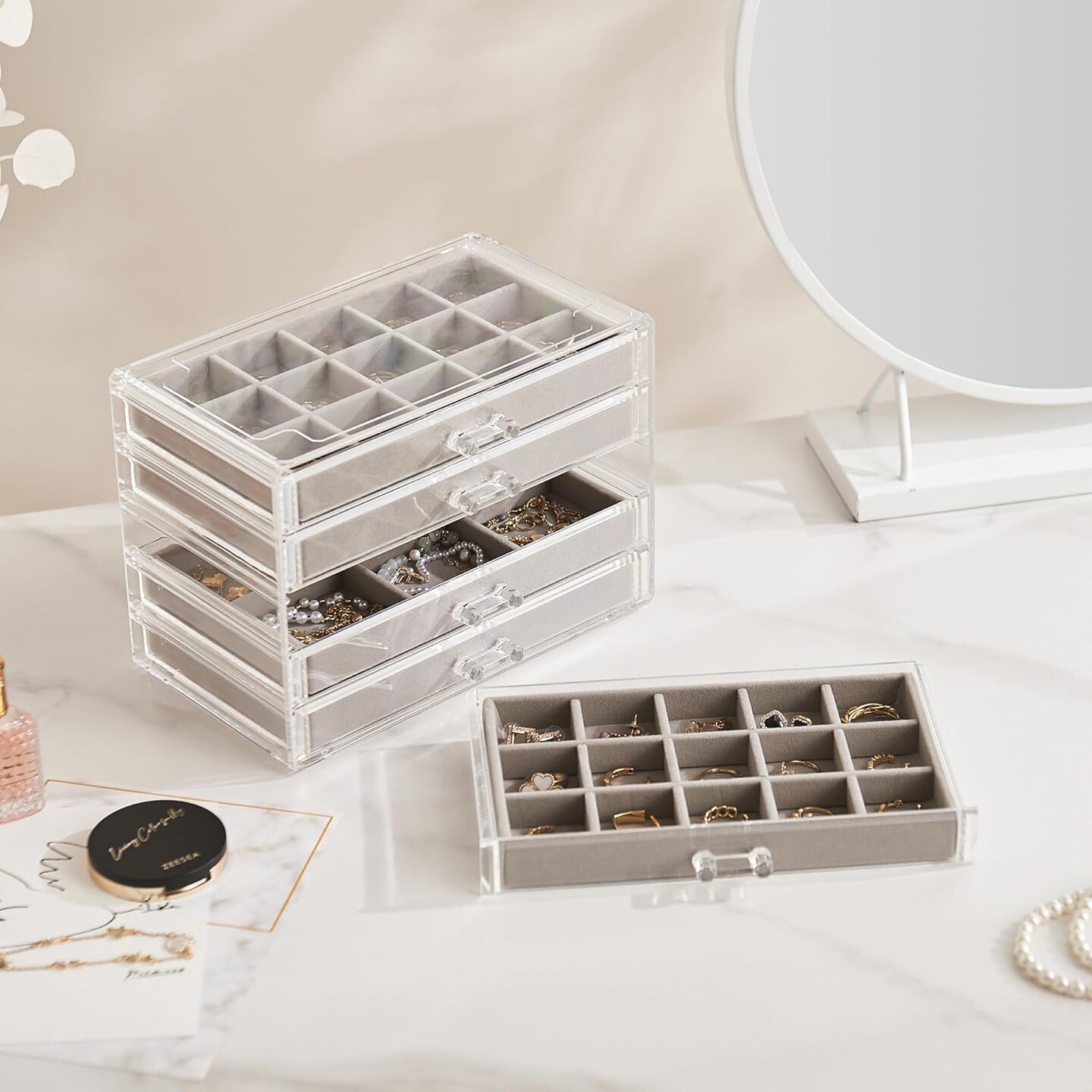 Acrylic Jewelry Organizers and Storage with 5 Drawers, Clear Jewelry Box for Women, Velvet Earring Organizer for Ring Necklace, Gray
