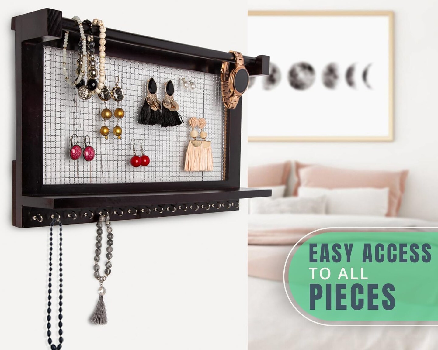 Rustic Jewelry Organizer &#x2013; Wall Mounted Jewelry Holder with Removable Bracelet Rod, Shelf and 16 Hooks &#x2013; Perfect Earrings, Necklaces and Bracelets Holder &#x2013; Vintage Jewelry Display &#x2013; Dark Brown