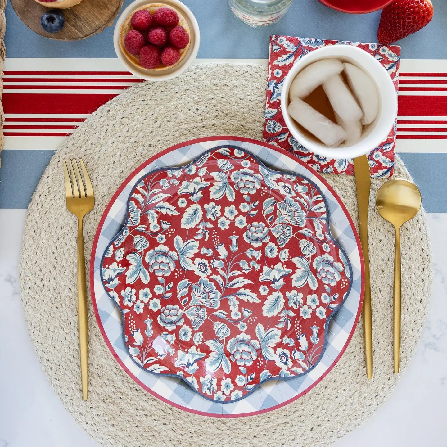 4th of July Blue Gingham Dinner Plate | Patriotic Red White and Blue Paper Plates