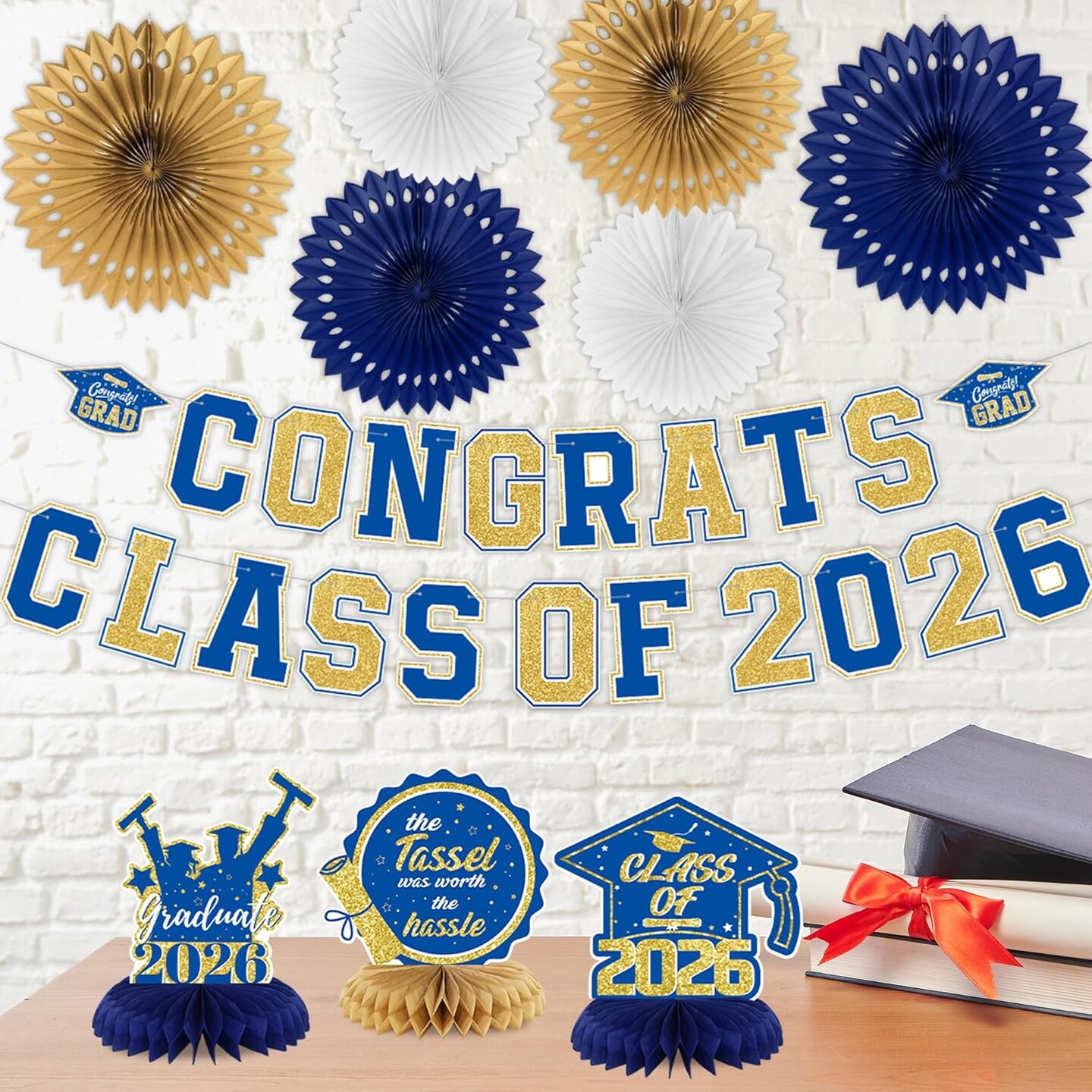 Graduation Decorations Men Women, Blue Gold Congrats Grad Banner Balloons Hanging Swirls Centerpieces, Blue Class of 2026 Party Supplies Indoor/Outdoor, Graduation Photo Backdrop Background