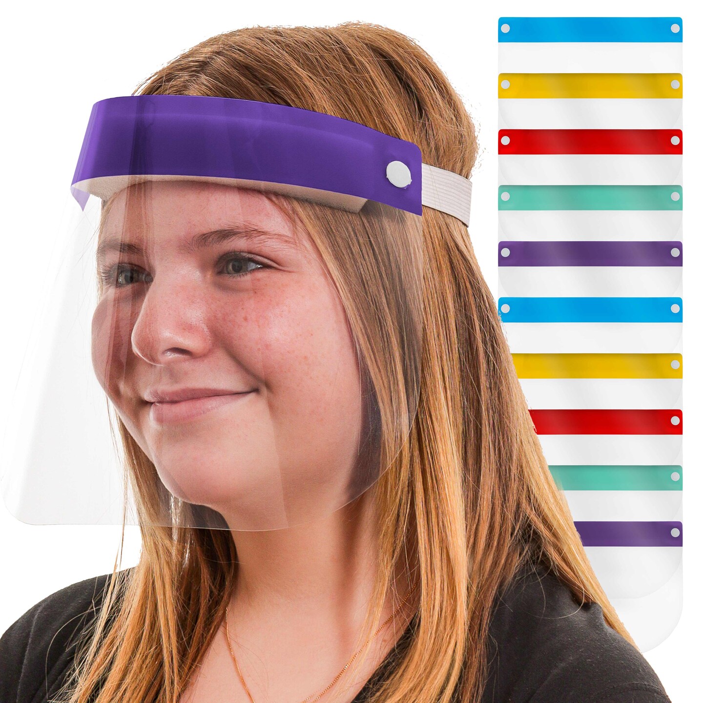 Salon World Safety Kids Face Shields (Pack of 10) - 5 Colors, 2 of Each - Clear Protective Children&#x27;s Full Face Shields - Anti-Fog PET Plastic