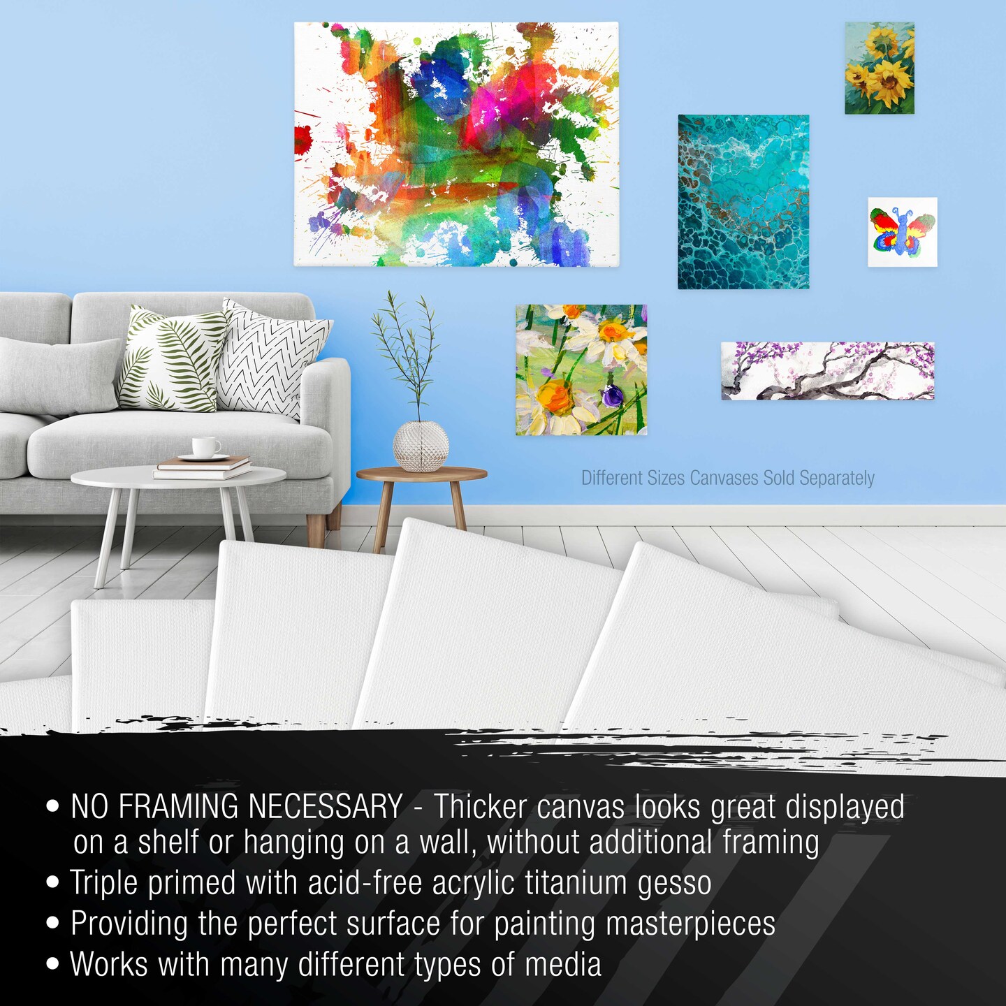 Square Stretched Canvas for Painting 12x12 inch Gallery Depth 1-1/2&#x22; Thick, 3-Pack - 12oz Acrylic Gesso Triple Primed, Professional Artist Quality, 100% Cotton - Pouring, Oil Paint