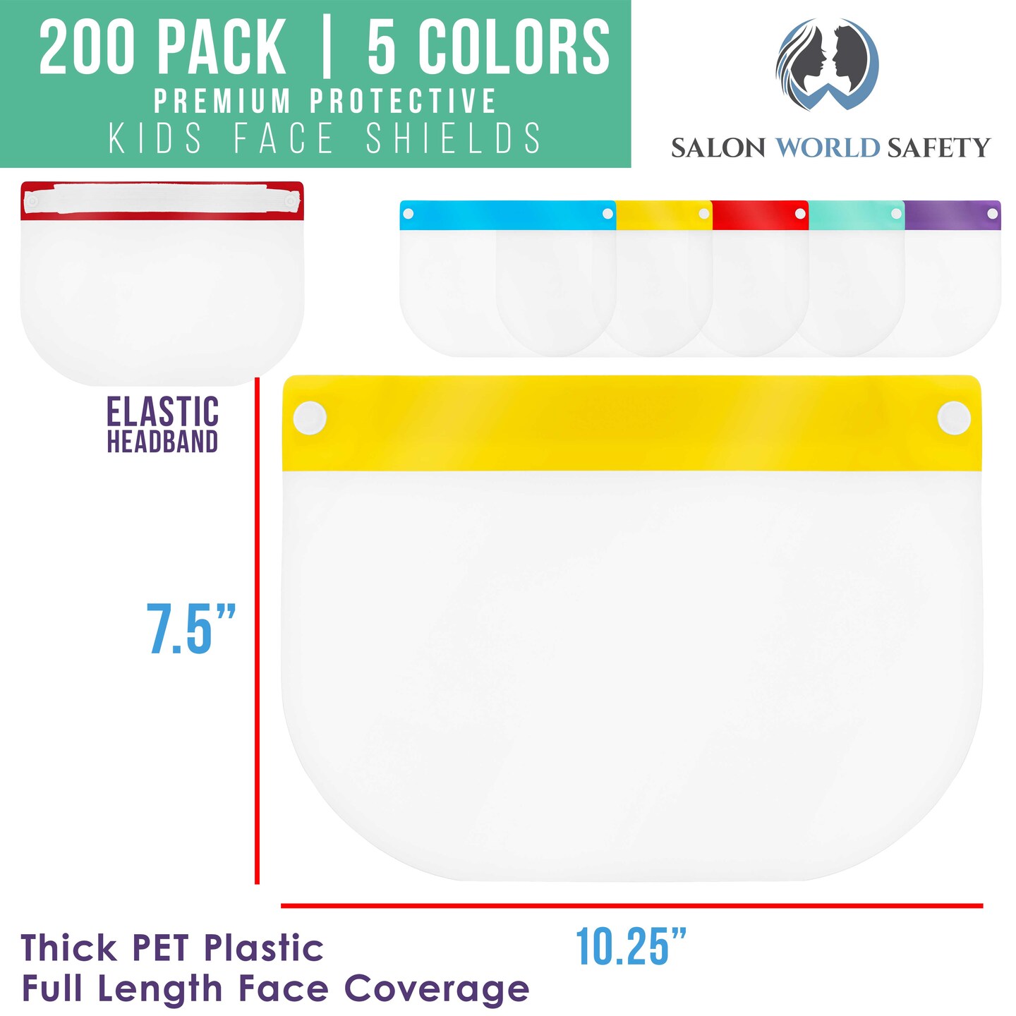 Salon World Safety 200 Kids Face Shields (20 Packs of 10) - 5 Colors, 40 of Each - Clear Protective Children&#x27;s Full Face Shields, Anti-Fog PET Plastic