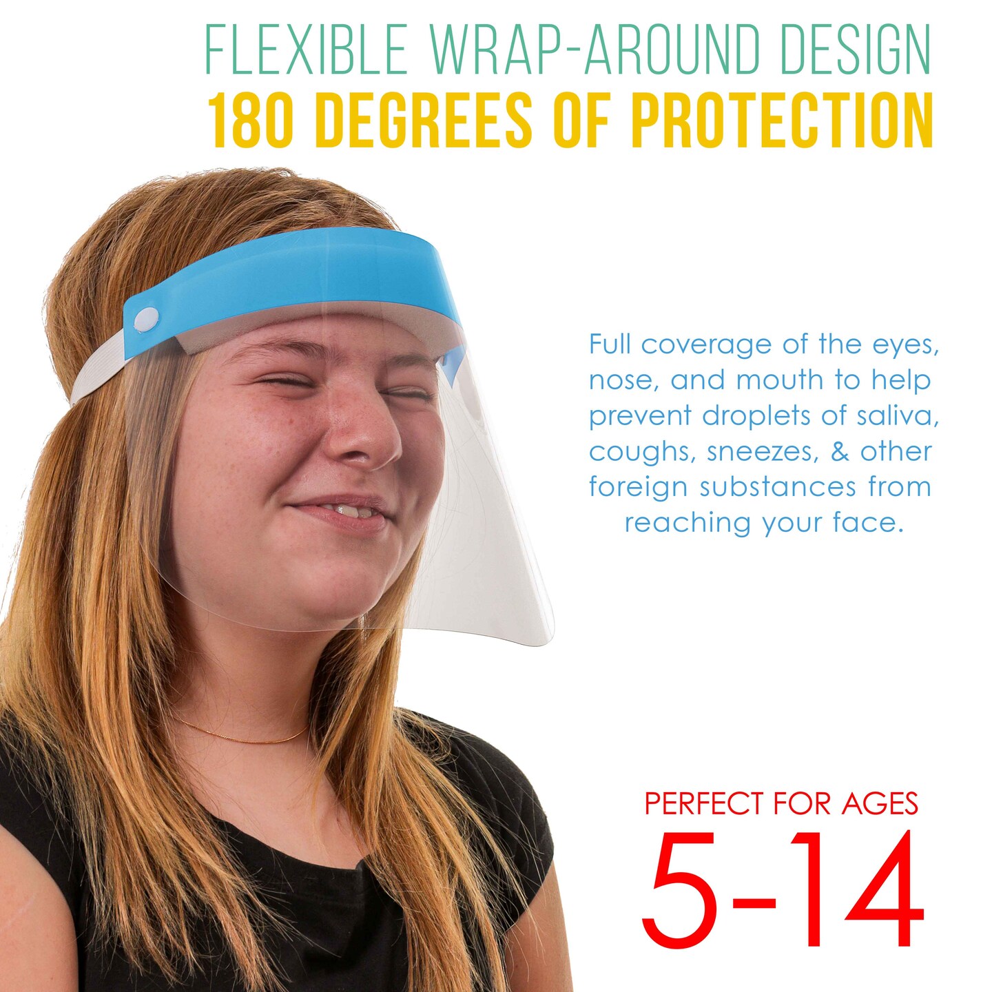 Salon World Safety Kids Face Shields (Pack of 10) - 5 Colors, 2 of Each - Clear Protective Children&#x27;s Full Face Shields - Anti-Fog PET Plastic