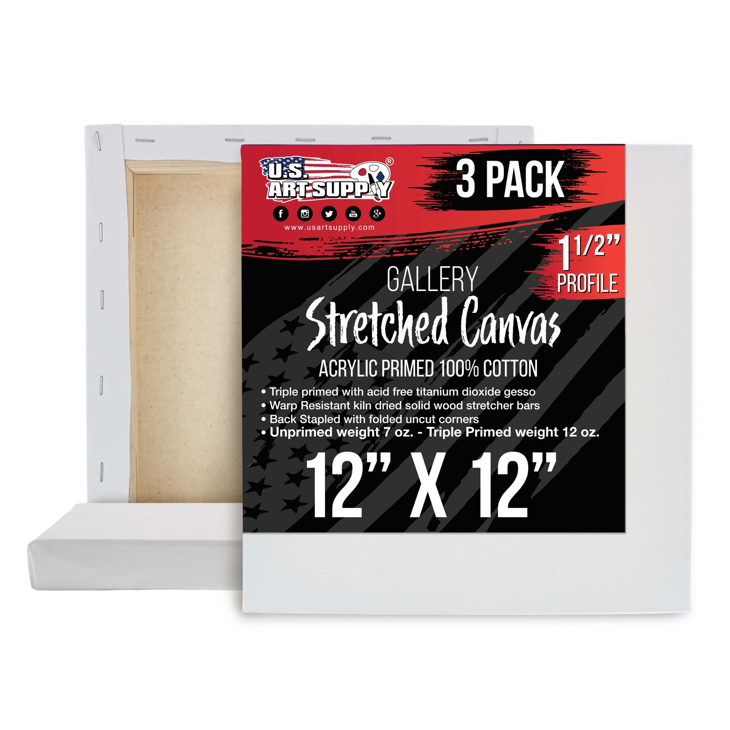 Square Stretched Canvas for Painting 12x12 inch Gallery Depth 1-1/2&#x22; Thick, 3-Pack - 12oz Acrylic Gesso Triple Primed, Professional Artist Quality, 100% Cotton - Pouring, Oil Paint