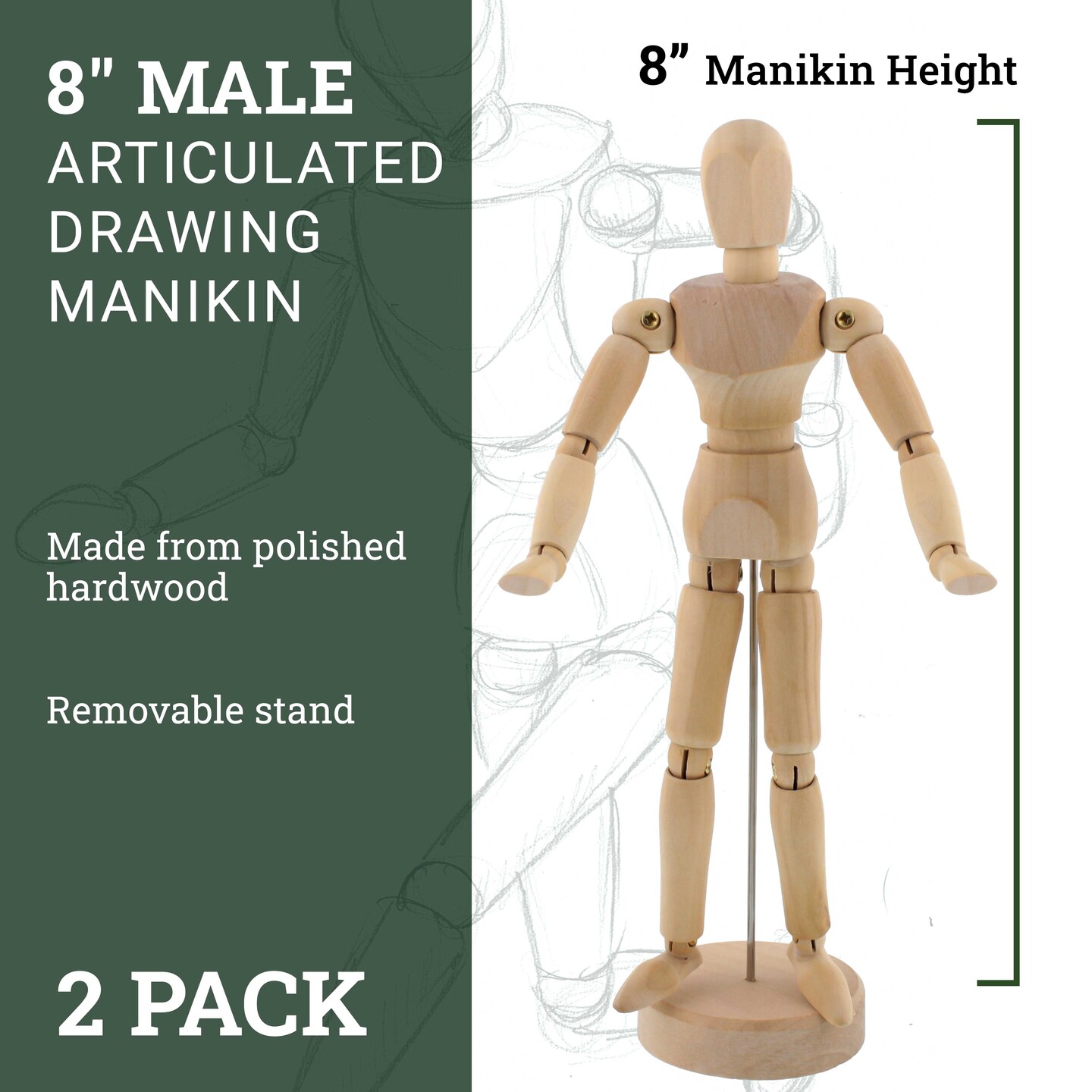Wood 8&#x22; Artist Drawing Manikin Articulated Mannequin with Base and Flexible Body - Perfect For Drawing the Human Figure (8&#x22; Male) Pack of 2 Manikins
