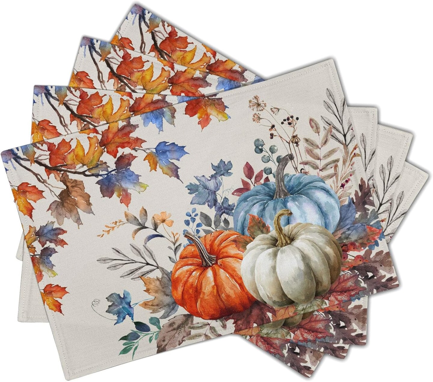 Set of 4 Blue and Orange Pumpkin Fall Placemats - 12 x 18 Inch