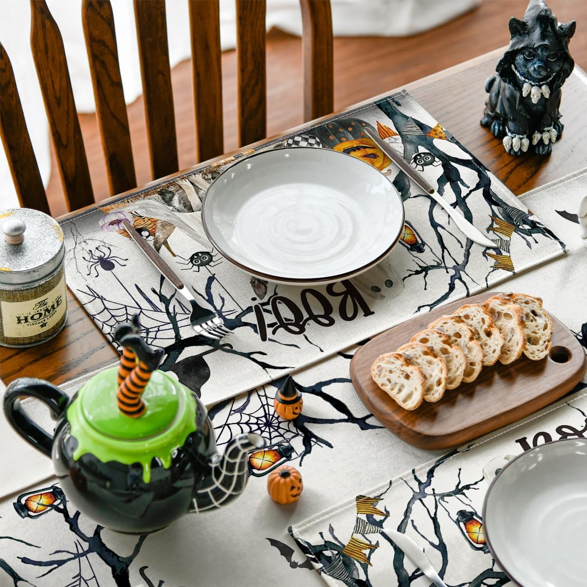 Set of 4 Ghost Pumpkins Halloween Placemats - 12x18 Inch (Black/Beige)