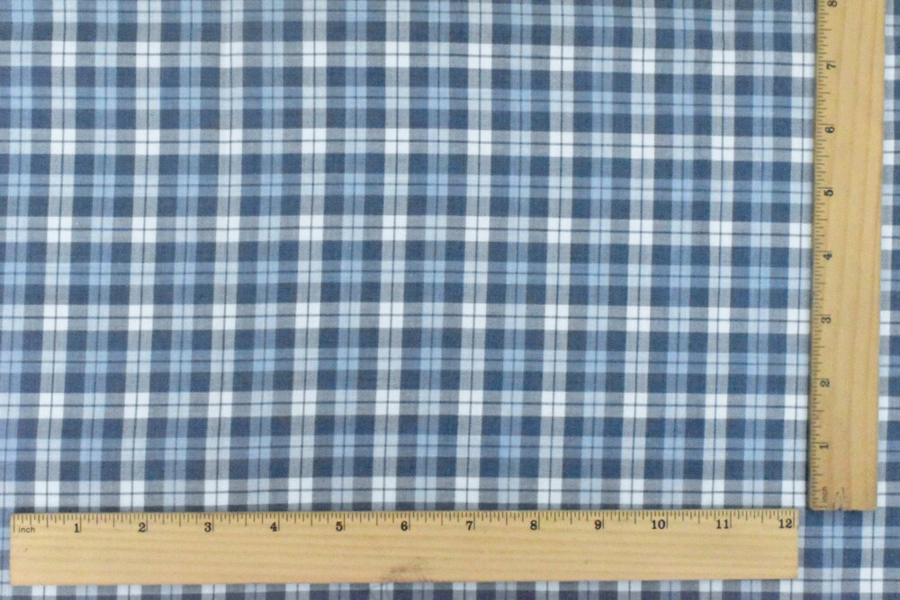 Blue-Navy-White Plaid Cotton Twill Woven Fabric By the Yard