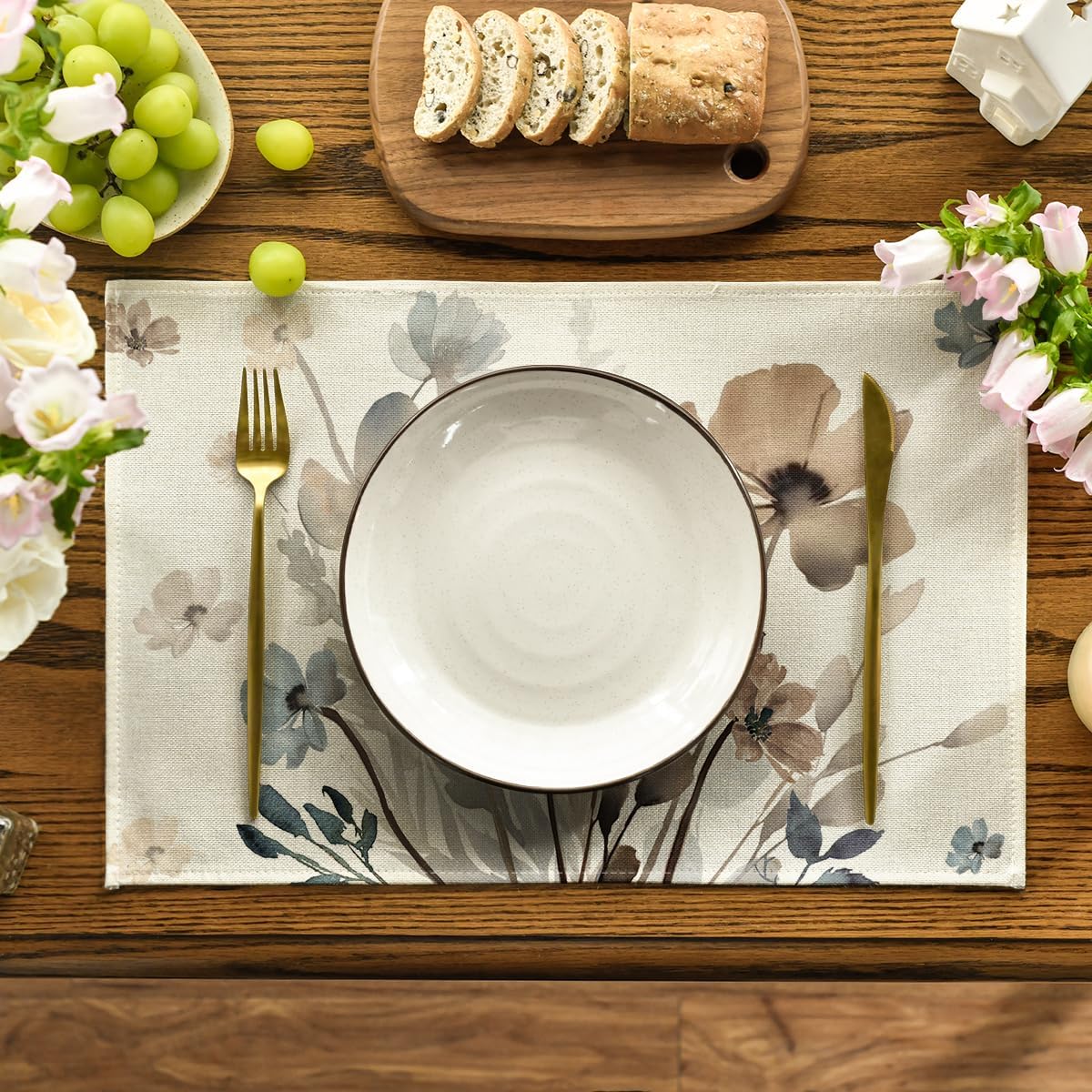 Set of 4 Brown Poppy Floral Leaves Fall Placemats - 12x18 Inch