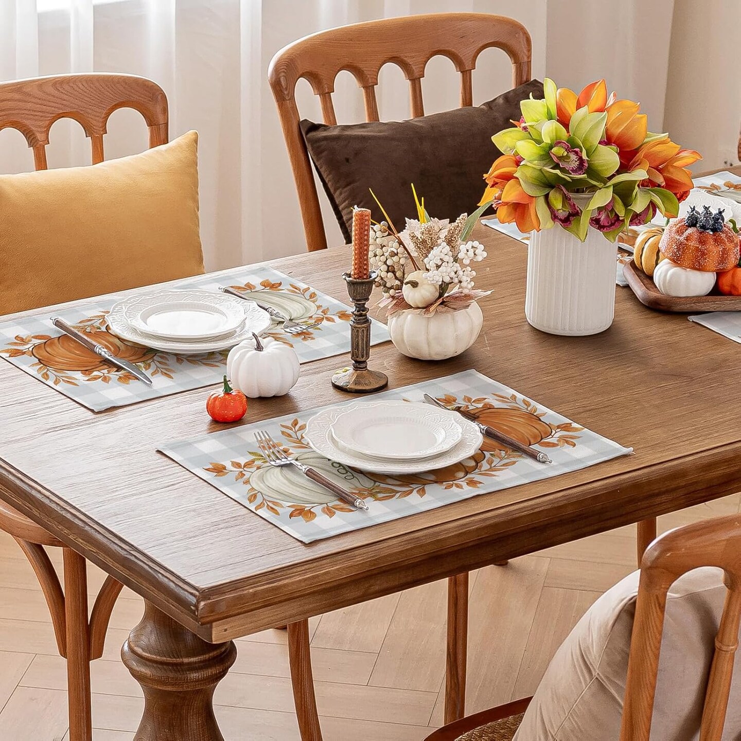 Set of 4 Pumpkin Grey and Blue Buffalo Plaid Placemats - 12 X 18 Inch