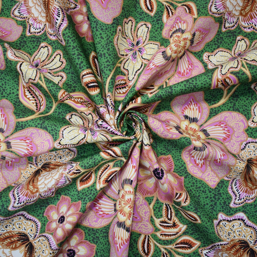 Green-Pink-Multi Cotton Floral Printed Broadcloth Woven Fabric By the Yard