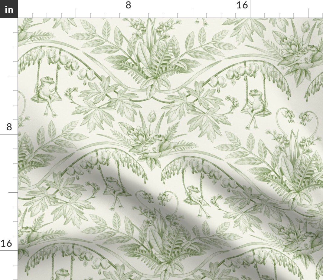 Vintage Frog Swing Garden Damask Toile Fairytale Nature Leaves Botanical Custom Printed Fabric by Spoonflower Various Fabrics by the Yard or Fat Quarter