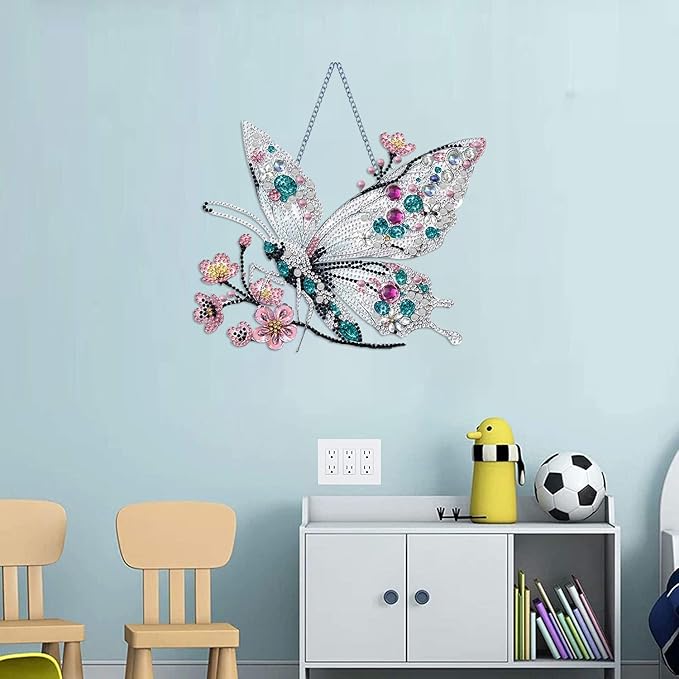 Hanging Diamond Art Kits for Adults Pendant Butterfly, Special Shaped Crystal DIY Diamond Painting Kit, Acrylic Board Flower Pendants Double Sided, Home Decor 9.64 Inch
