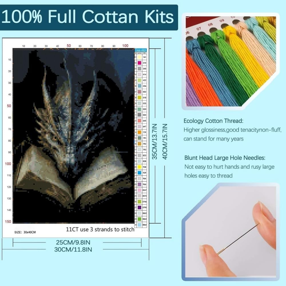 Dragon Book Stamped Cross Stitch Kit for Beginners – 11.8" x 15.8" Wall Art Embroidery Craft for Adults