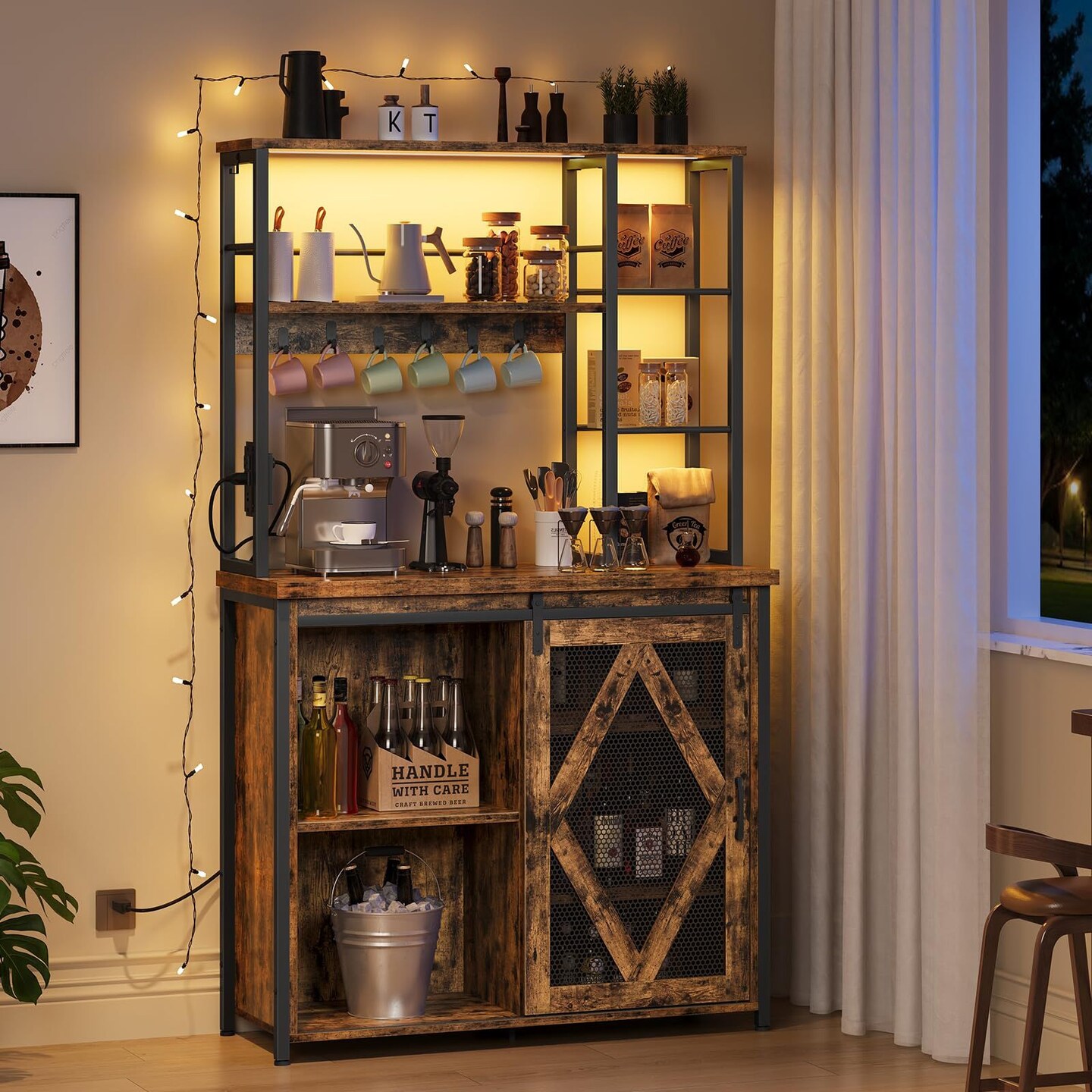 Brown Bakers Rack with Power Outlet Multi-Tier Storage LED Light Kitchen Rack