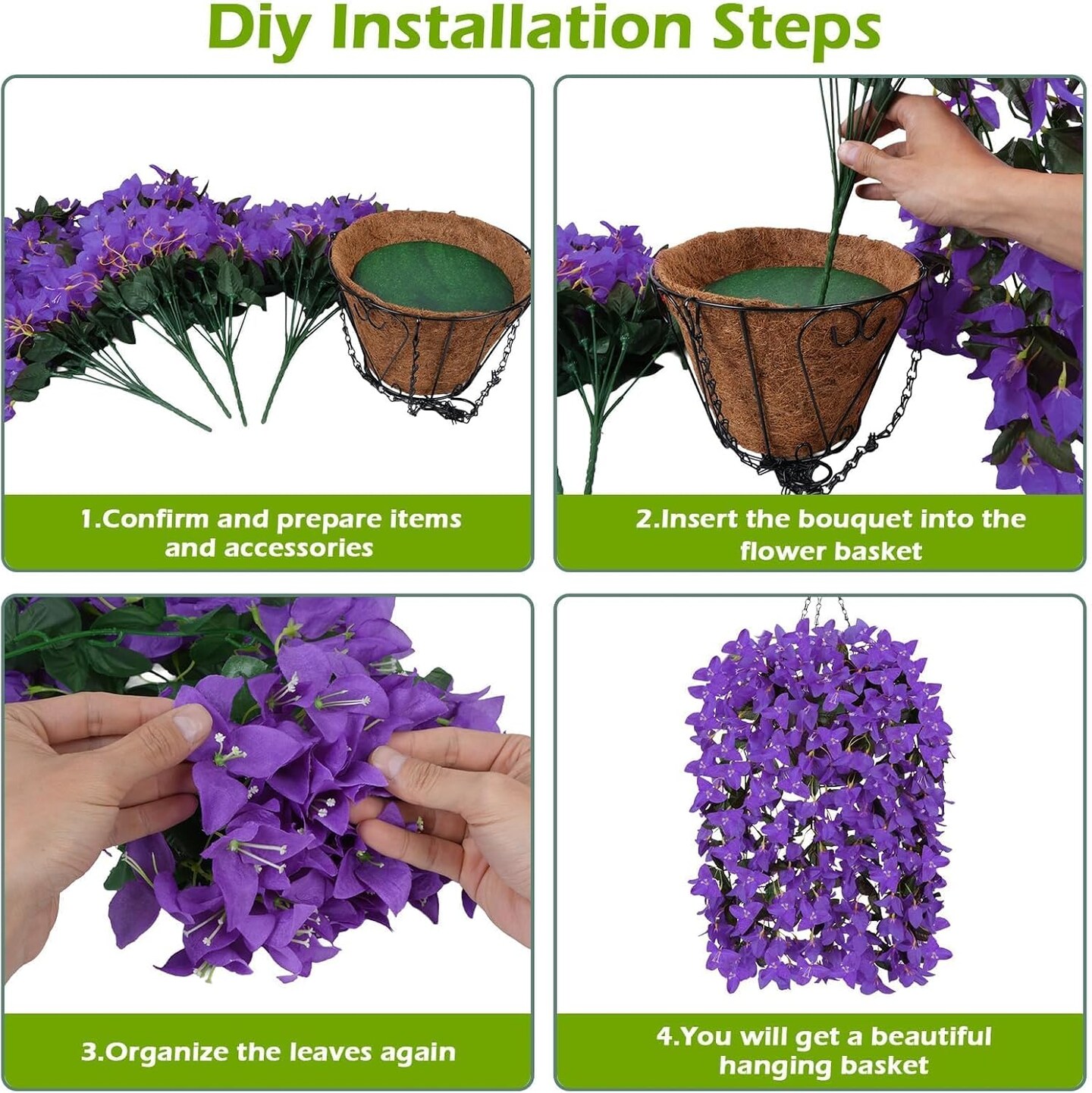 Artificial Bougainvillea Fake Hanging Flowers with Baskets for outdoors Outside Decoration 2 Set Purple Silk UV Resistant Flower Long Trailing Realistic for Front Porch Patio Balcony Spring Sunmmer