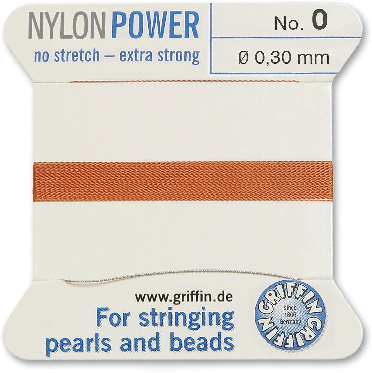 Griffin Nylon Bead Cord Perlseide – Size 0 (0.30mm) – 2 Meters per Card – Stainless Steel Needle Attached – for Knotting Pearls, Gemstones, Crystals and Beads