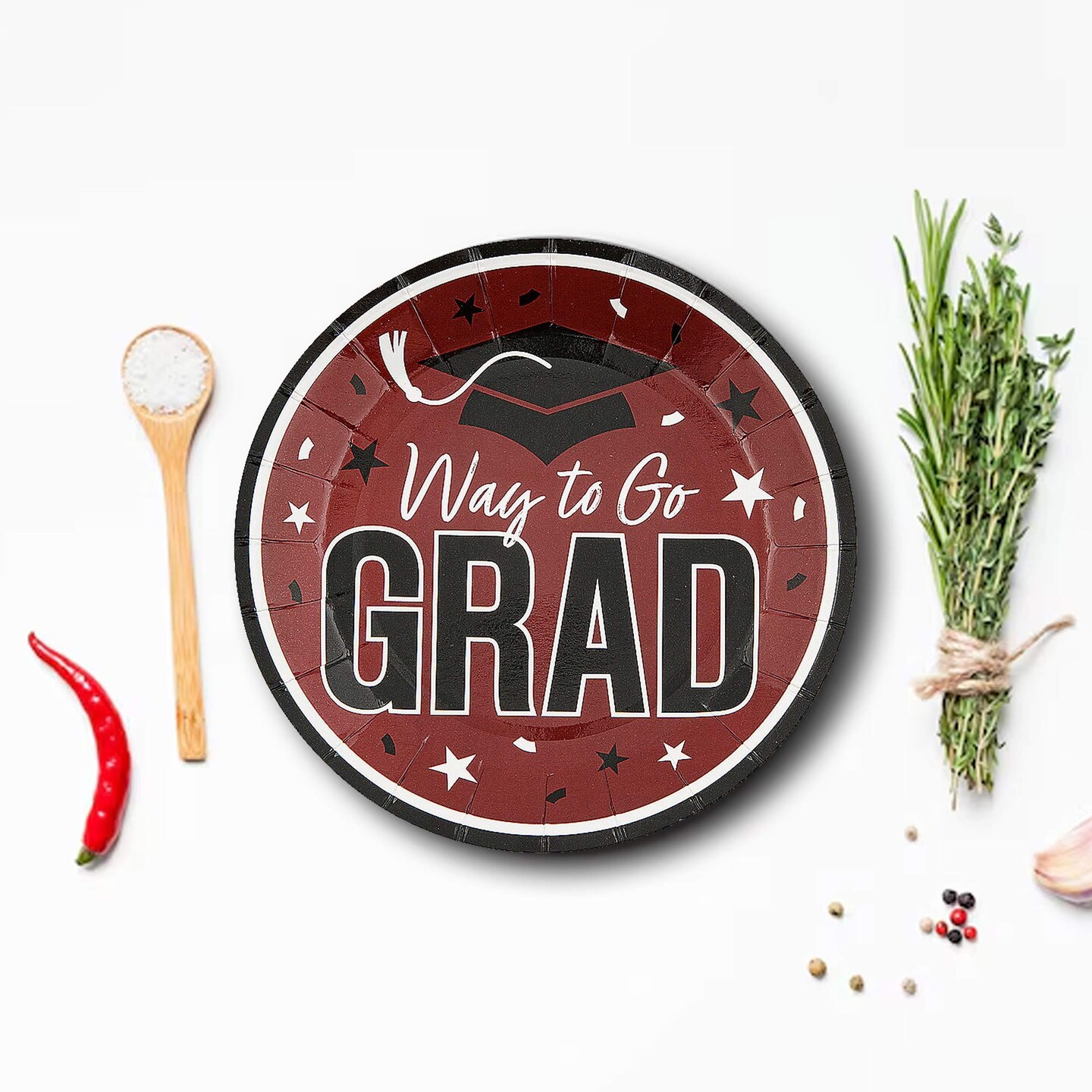 25 Count Burgundy Way to Go Grad Disposable Paper Dessert Plates 7 1/4 Inch Graduation Party
