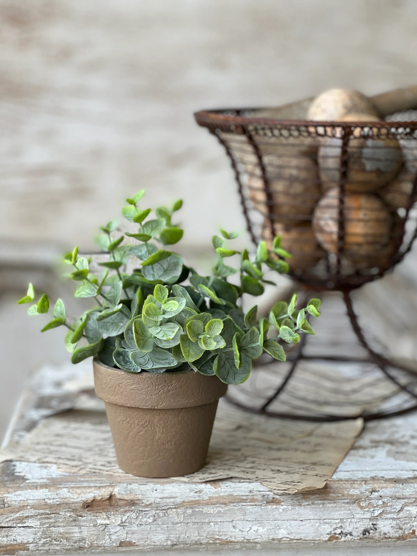 Greenery in Pot &#x2013; 6&#x22; , Set of 4, Decorative Accent &#x2013; Faux Plant in Rustic Paper Mache Pot - Holiday Tree