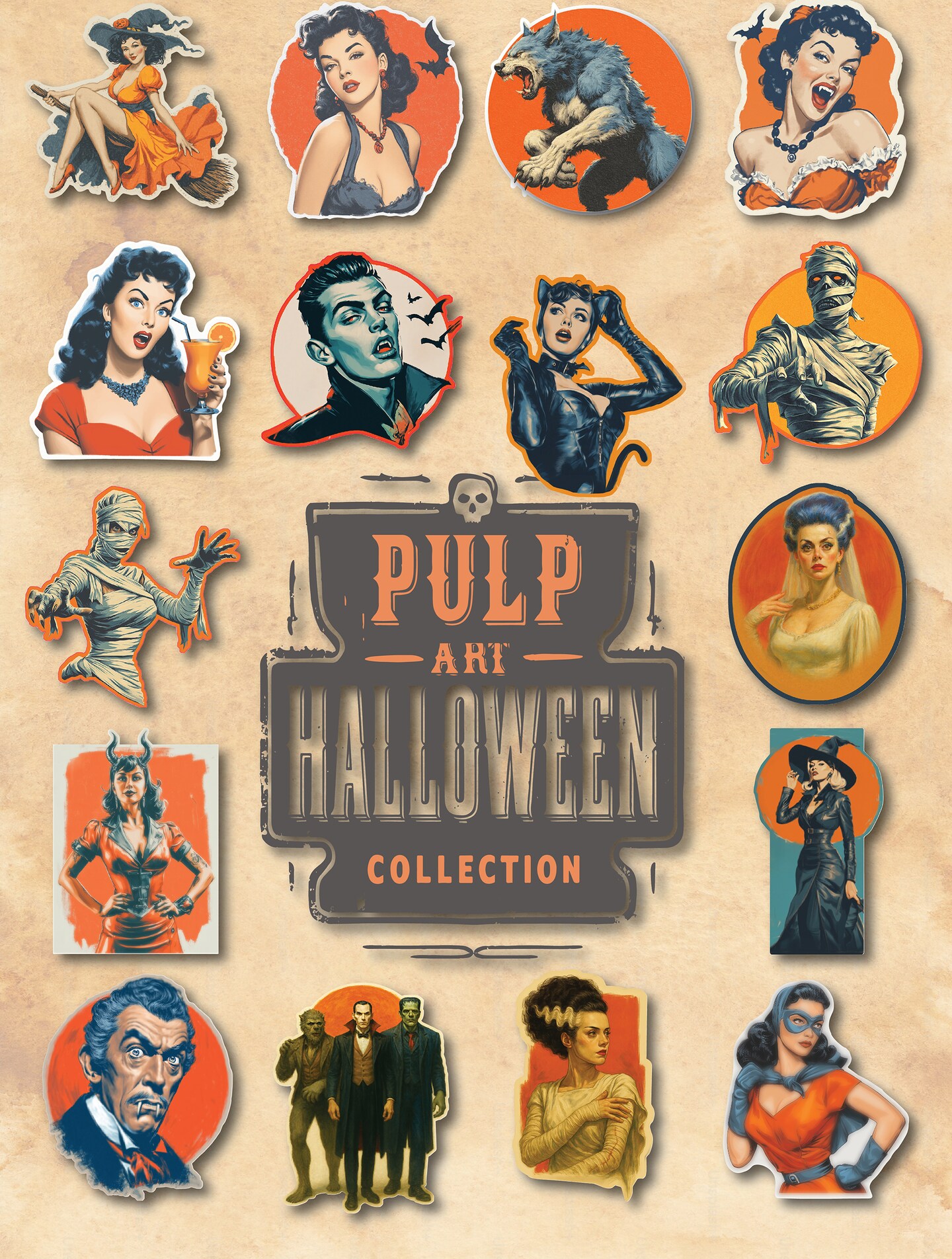 Pantomime Stickers Vintage Halloween Sticker Pack: Pulp Art retro style Halloween stickers ...
