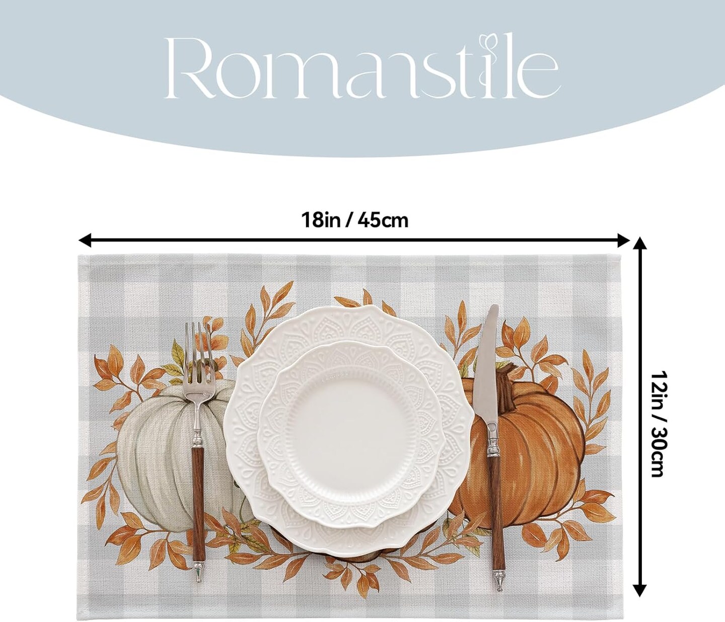 Set of 4 Pumpkin Grey and Blue Buffalo Plaid Placemats - 12 X 18 Inch