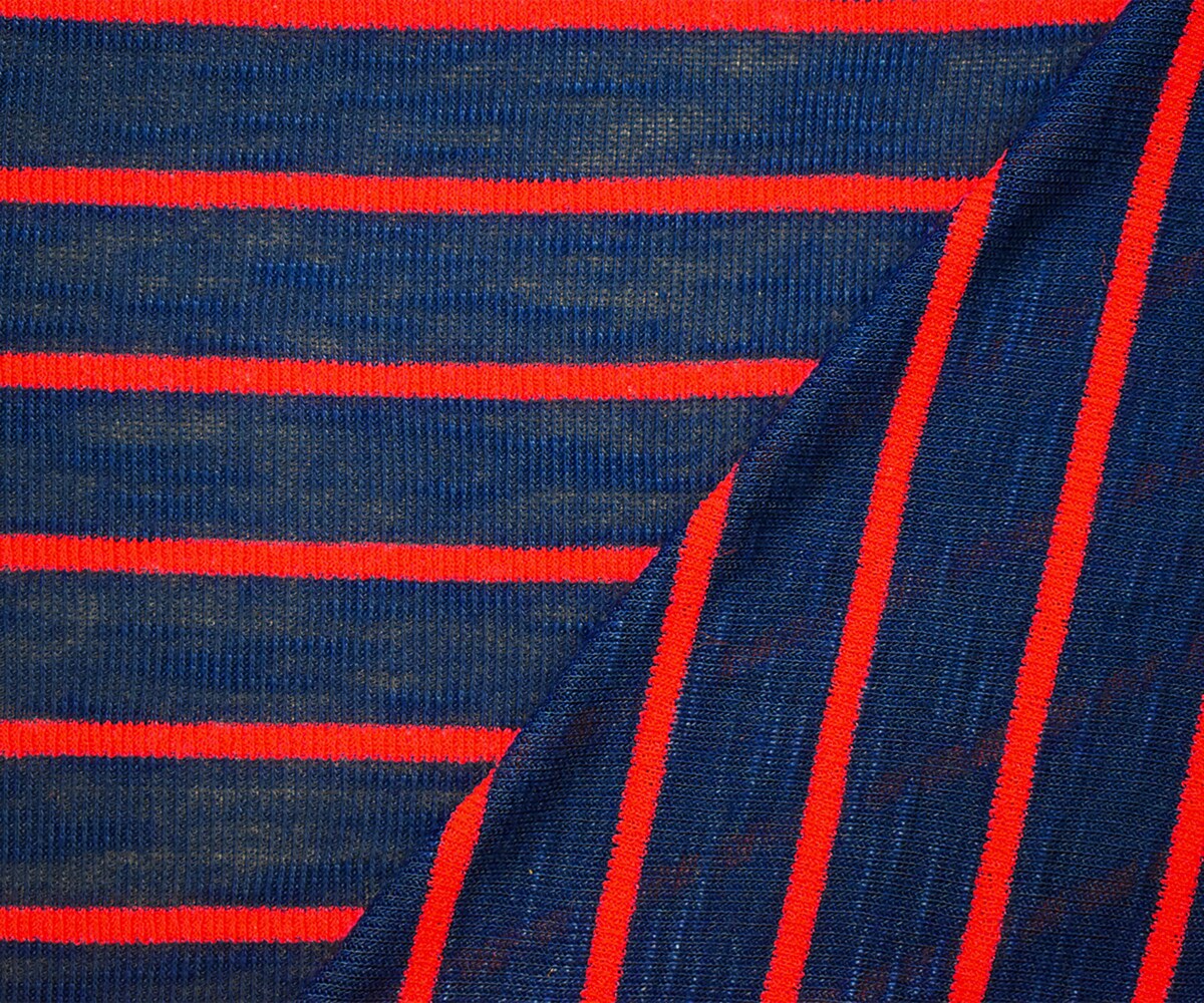 Blue-Red-Multi Cotton Semi-Sheer Slub Striped 1x1 Rib Knit Fabric By the Yard