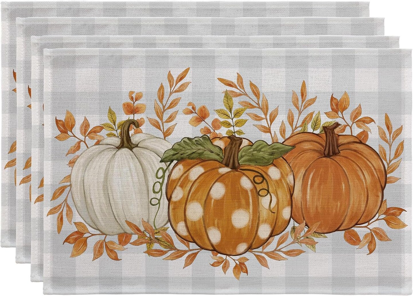 Set of 4 Pumpkin Grey and Blue Buffalo Plaid Placemats - 12 X 18 Inch