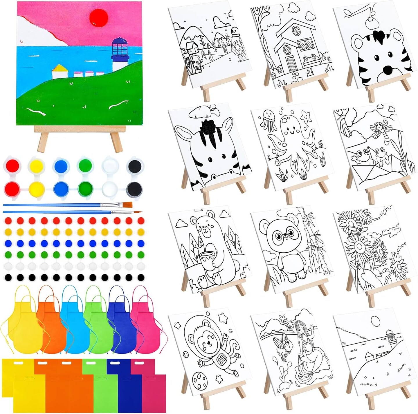 48 Pcs Kids Paint Party Favors Sets with 12 Pcs Animals Pre Drawn Canvas Panel and Wooden Easel Set Paint Pots and Brushes 12 Mini Apron and Tote Bag for Kids Girls Student Boys