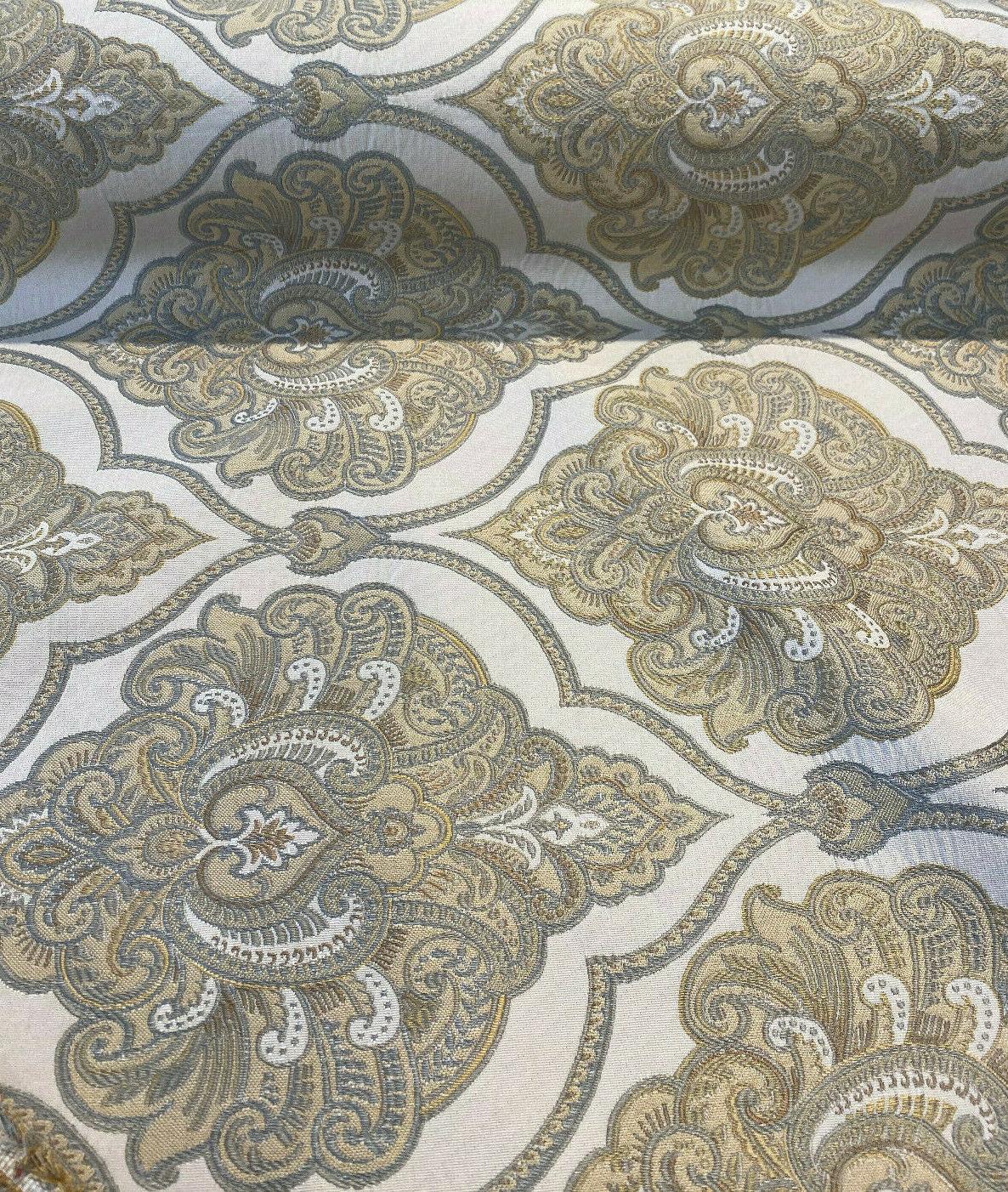 1 Yard Upholstery Jacquard Brocade Fabric Beige Antique Design 68% Rayon 32% Polyester