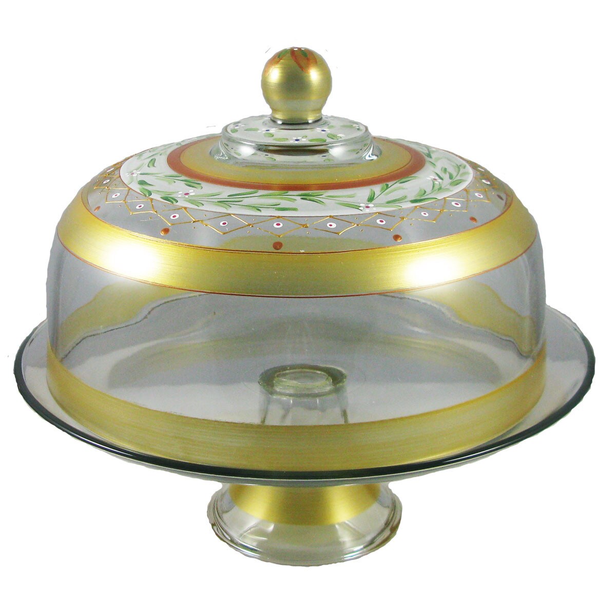 Crafted Creations 11" Gold Mosaic Garland and Stripes Hand Painted Glass Convertible Cake Dome