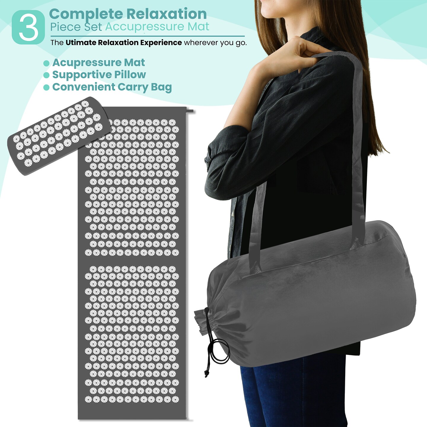 Acupressure Mat and Pillow Set - Grounding Mat for Stress, Back &#x26; Neck Pain - Acupuncture Point Massage Mat for Muscle Relaxation, Sciatica, &#x26; Meditation - Includes Carry Bag