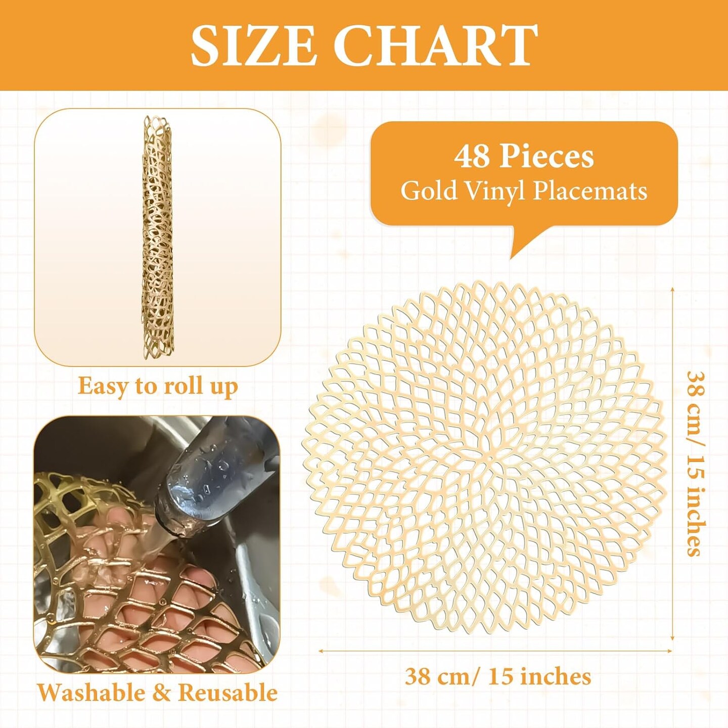48 Packs Gold Round Placemats 15 Inch Hollow Out Pressed Vinyl Place Mats Bulk, Non Slip Washable PVC Chargers Place Mat for Christmas Dining Wedding Holiday Party Home Kitchen Dinner Table