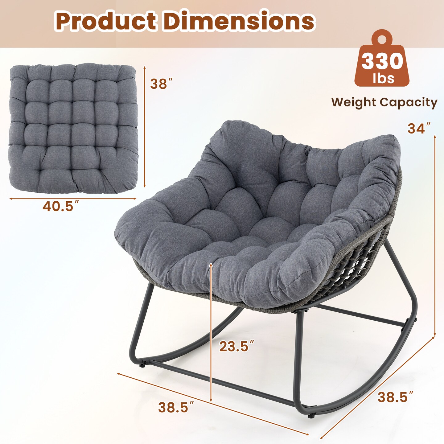 Rattan Metal Rocking Egg Chair with Cushion for Patio and Indoor
