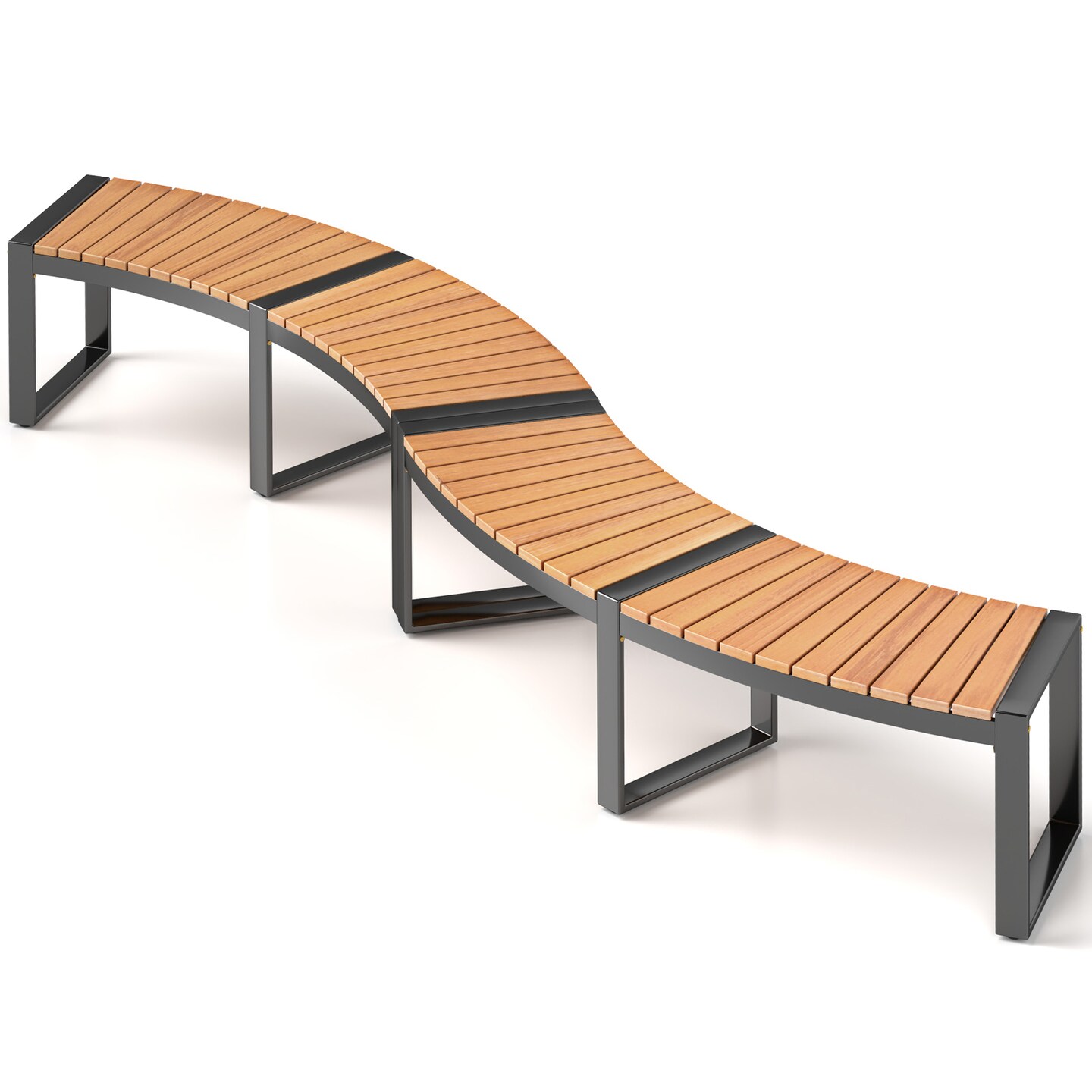 Yellow Patio Wooden Curved Bench with Slatted Seat and Black Metal Legs Perfect for Outdoor