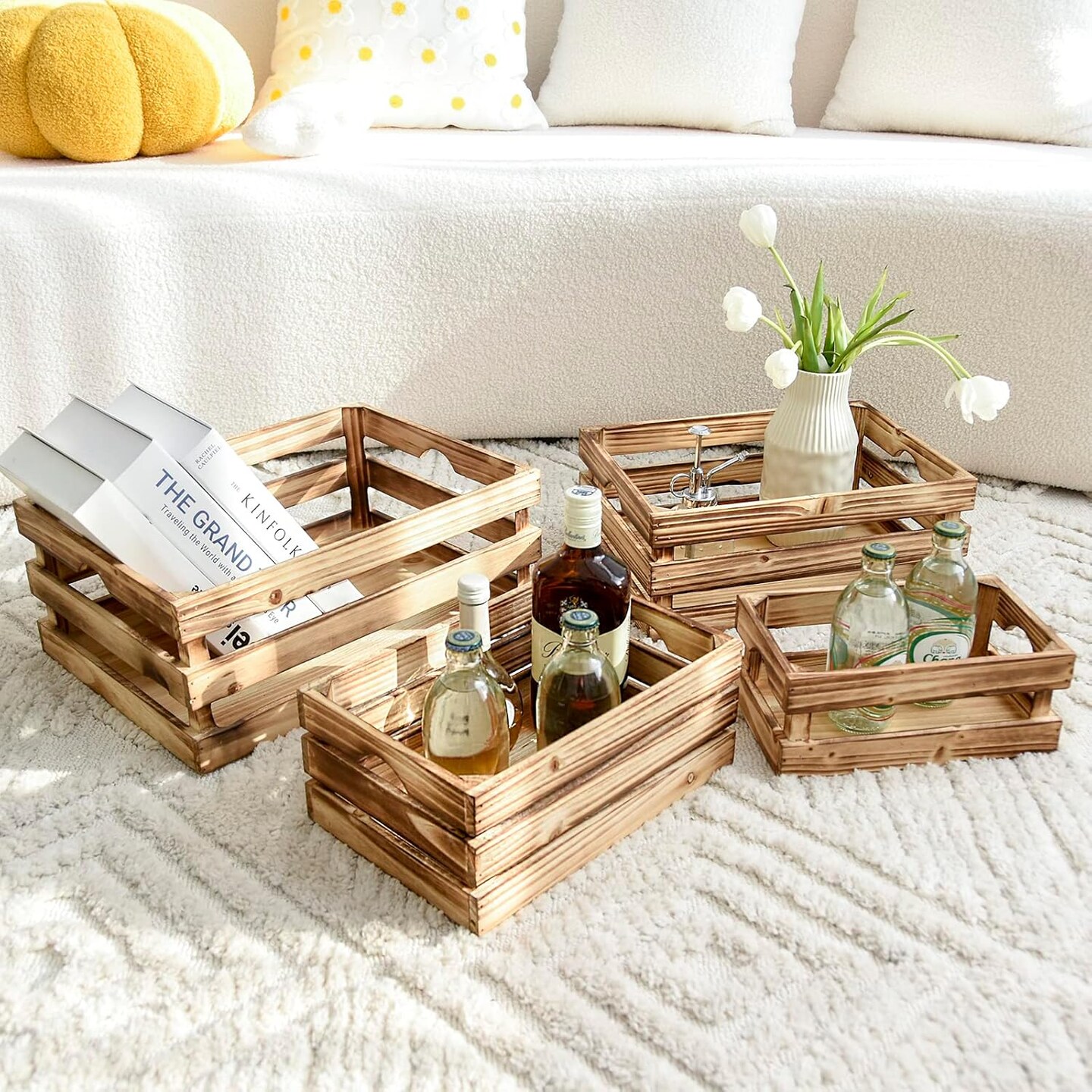 Set of 4 Large Torched Wood Decorative Storage Crates, Nesting Wooden Crates for Display Rustic, Farmhouse Wooden Storage Container Boxes Made from 100% Wood