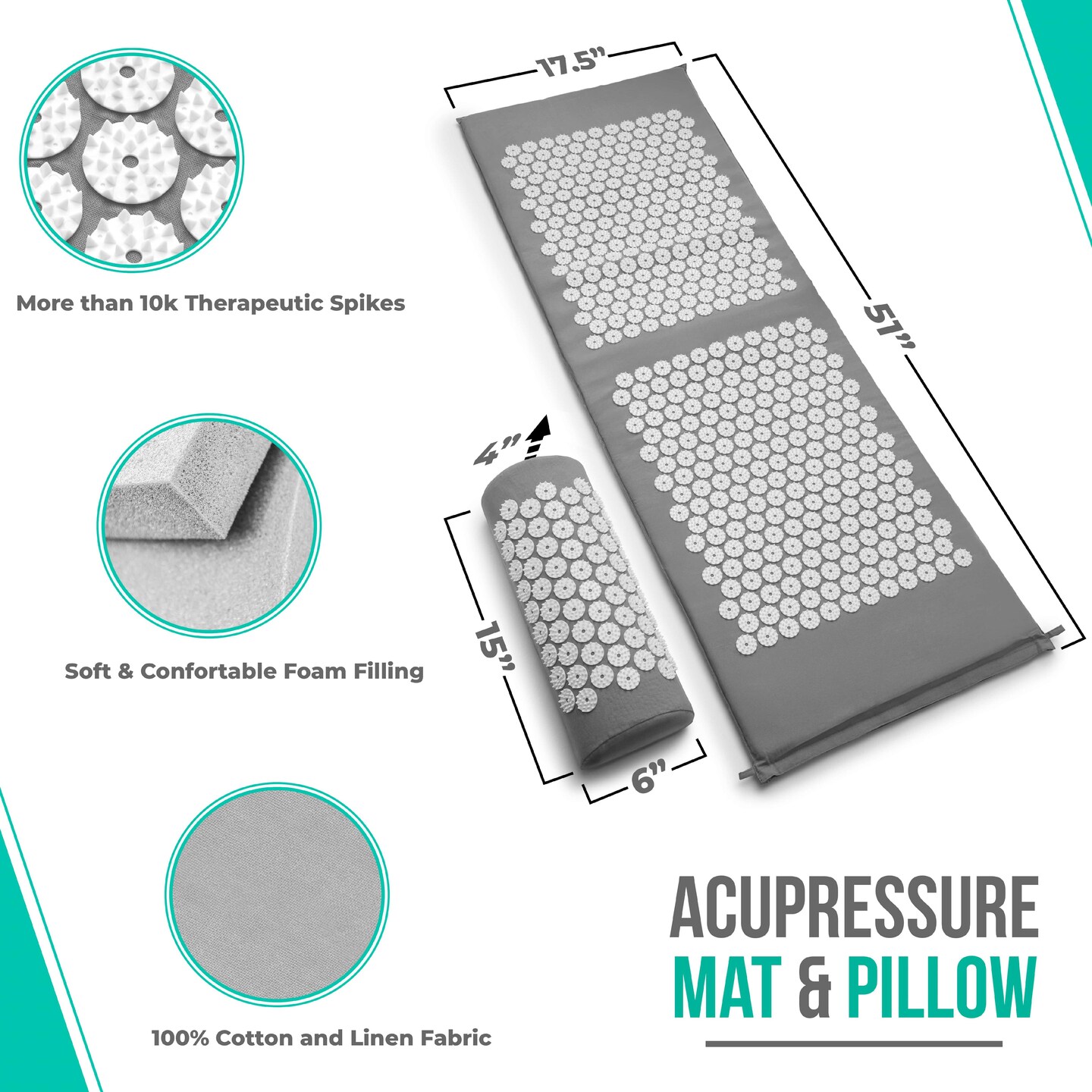 Acupressure Mat and Pillow Set - Grounding Mat for Stress, Back &#x26; Neck Pain - Acupuncture Point Massage Mat for Muscle Relaxation, Sciatica, &#x26; Meditation - Includes Carry Bag