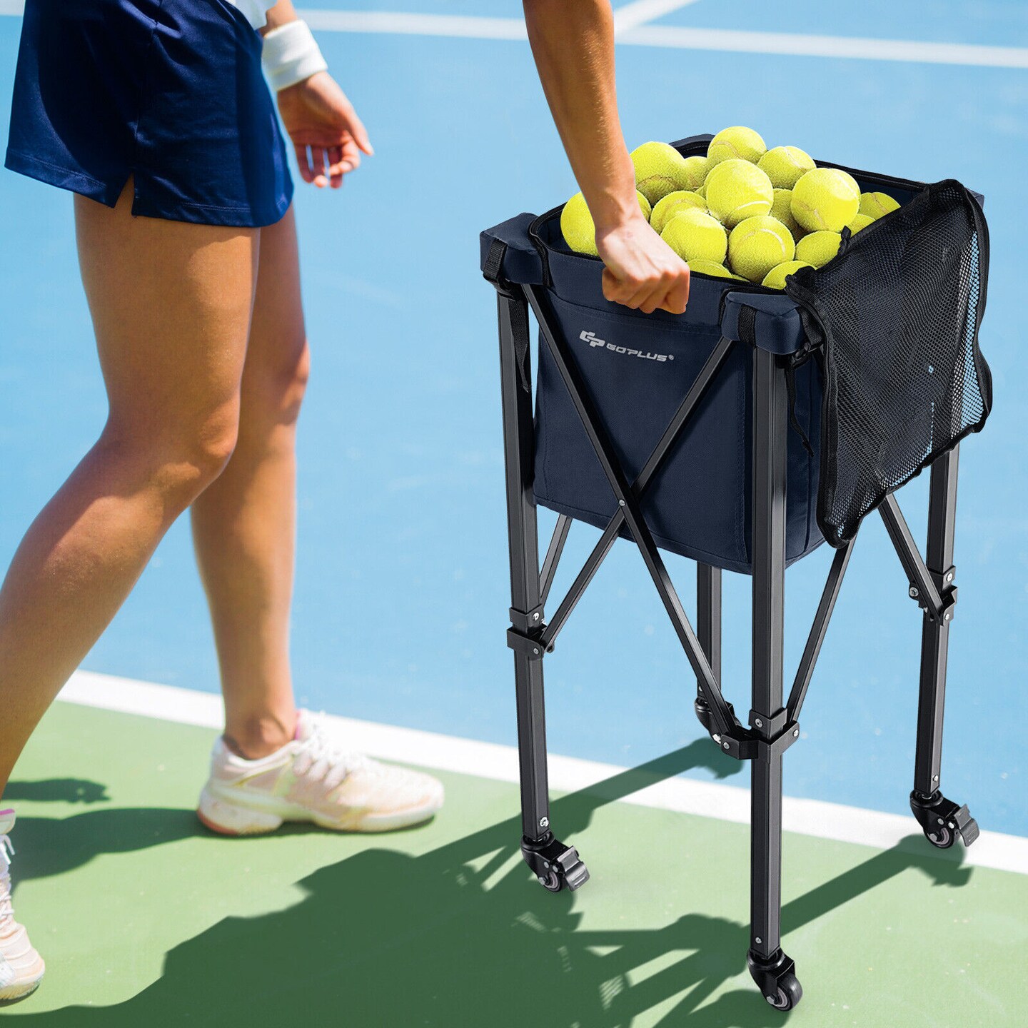 Foldable Lightweight Tennis Ball Teaching Cart with Removable Bag and Lockable Wheels