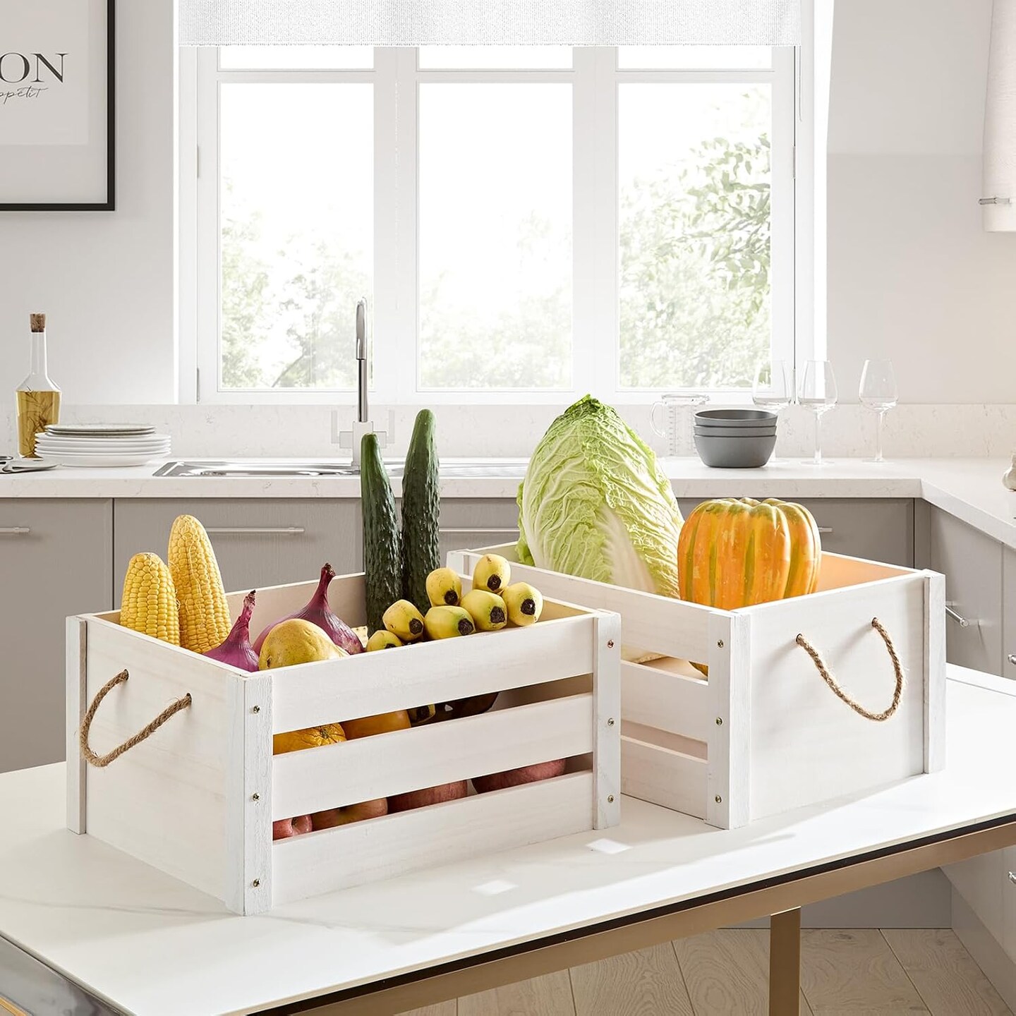 Farmhouse Crates for Storage and Display - Durable Wooden Box with Rope Handles, 2 Pack White Crates