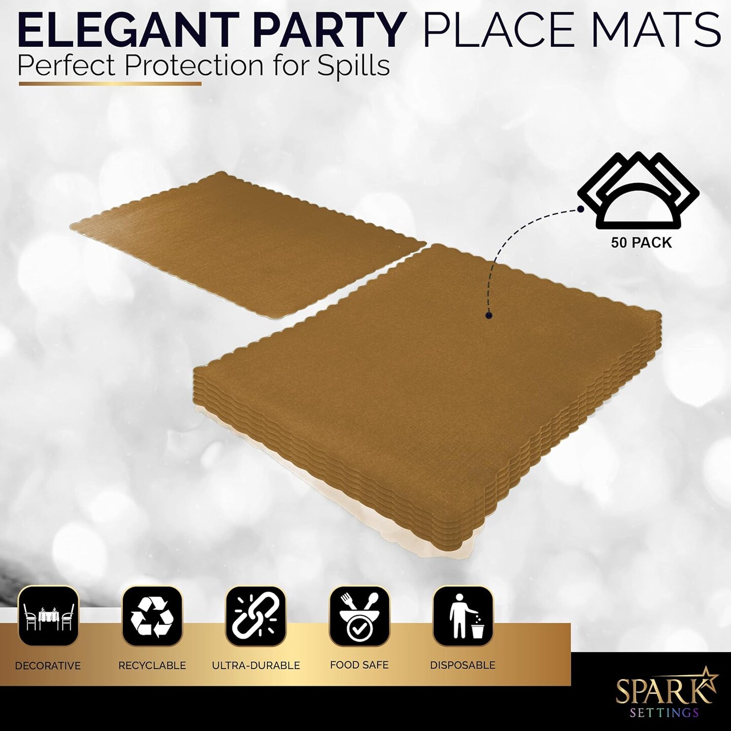 Paper Placemat Disposable, Gold Place Mats with Scalloped Edges, Durable Paper Placemat