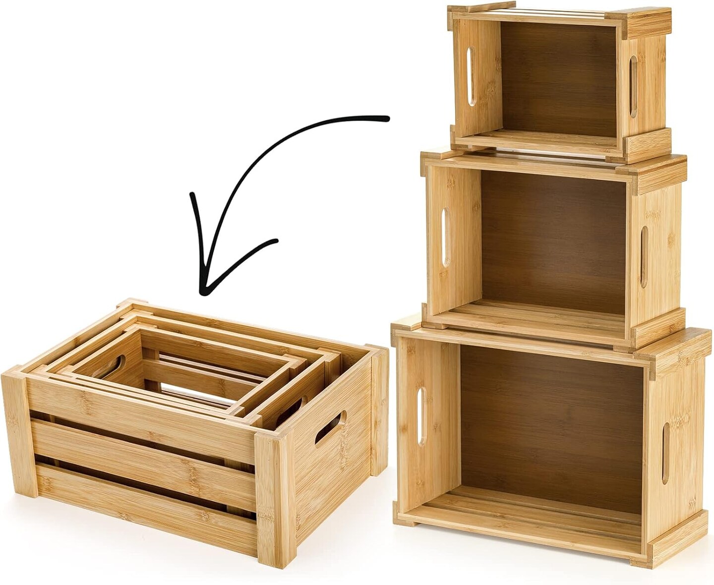 Set of 3 Bamboo Nesting Storage Crates with Handles – Rustic Farmhouse Decorative Organizer Boxes for Kitchen, Office, Bedroom & Closet