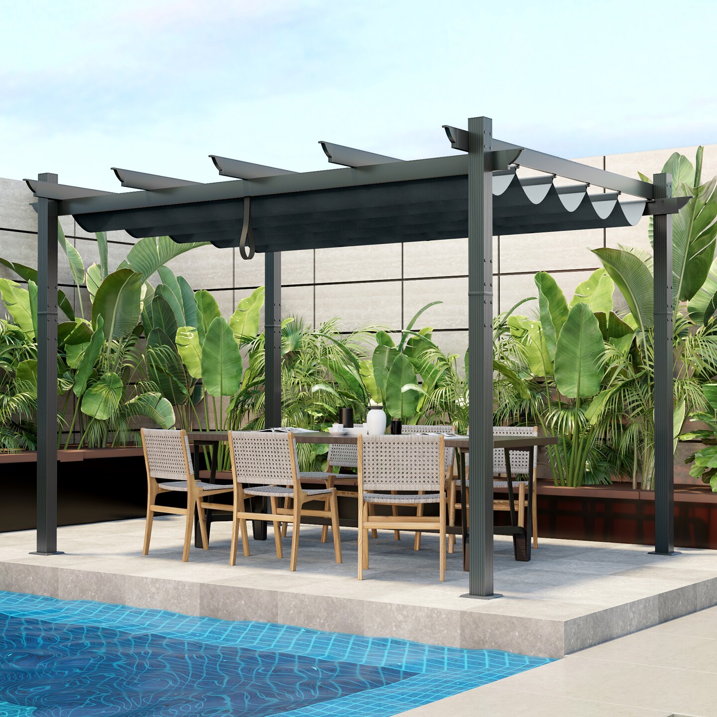 Retractable Pergola with Aluminum Frame and Trellis