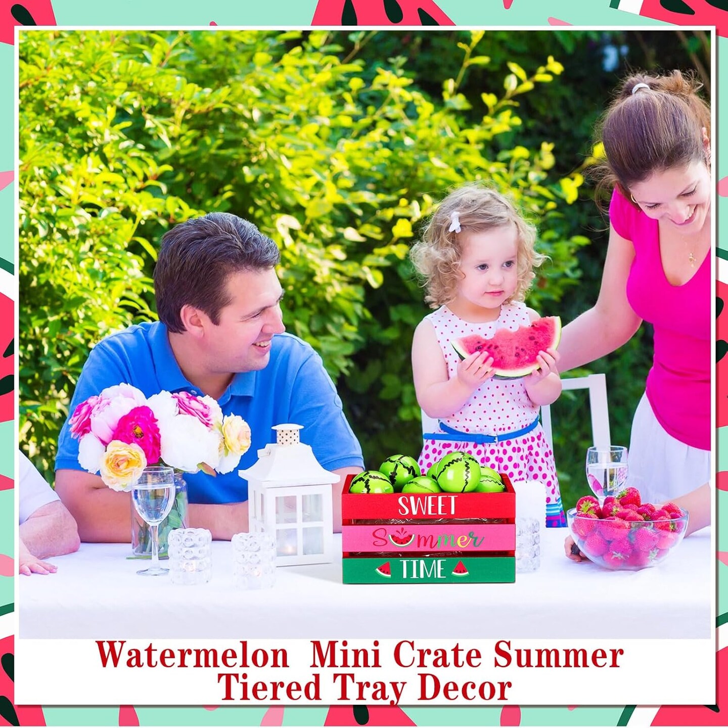 Watermelon Mini Crate Summer Tabletop Decor with 8 Faux Watermelon Farmhouse Tiered Tray Decor with Faux Fruits Wood Crate for Kitchen Home