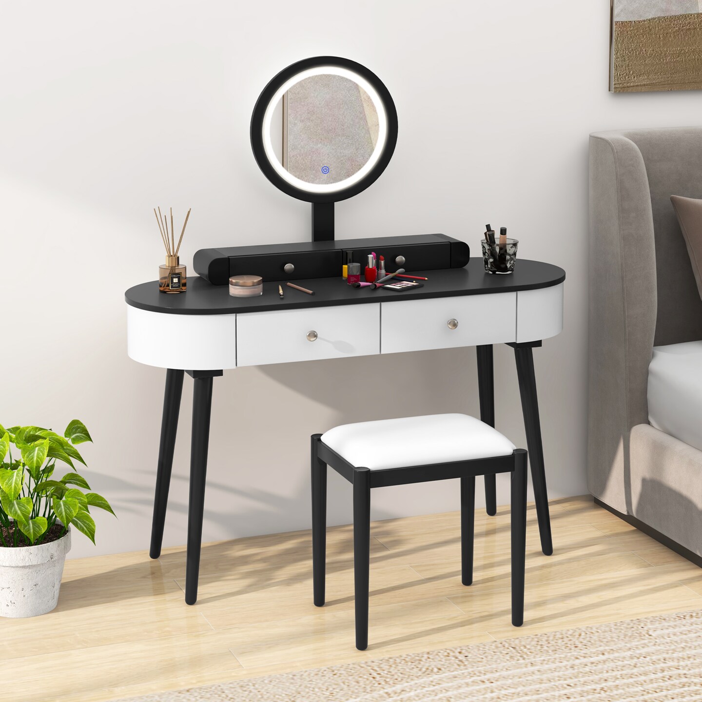 LED Lighted Vanity Table Set with Adjustable Mirror &#x26; Cushioned Stool