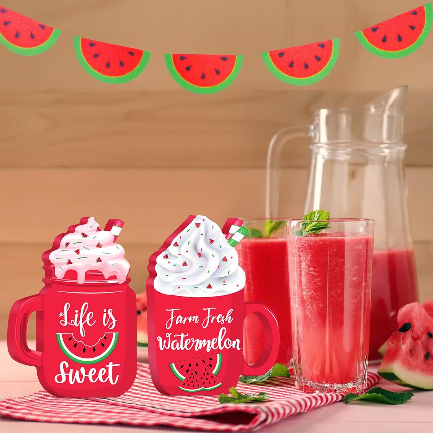 4 Pcs Watermelon Summer Wooden Tabletop Decor Wood Watermelon Decorations Self Standing 3D Rustic Farmhouse Summer Decor Wooden Block Signs for Home Kitchen Shelf Centerpiece