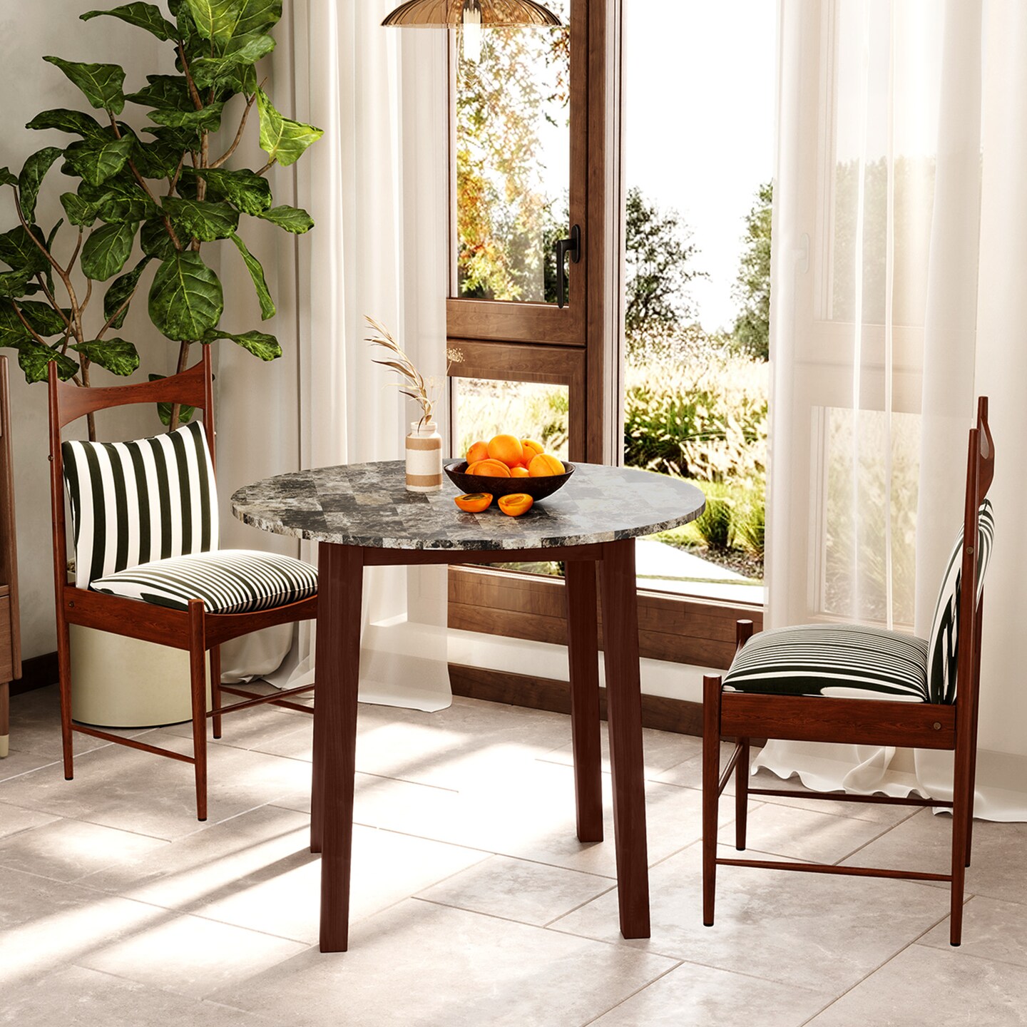 Rubber Wood Round Dining Table with Marble Top, Safe Corners and Easy Assembly