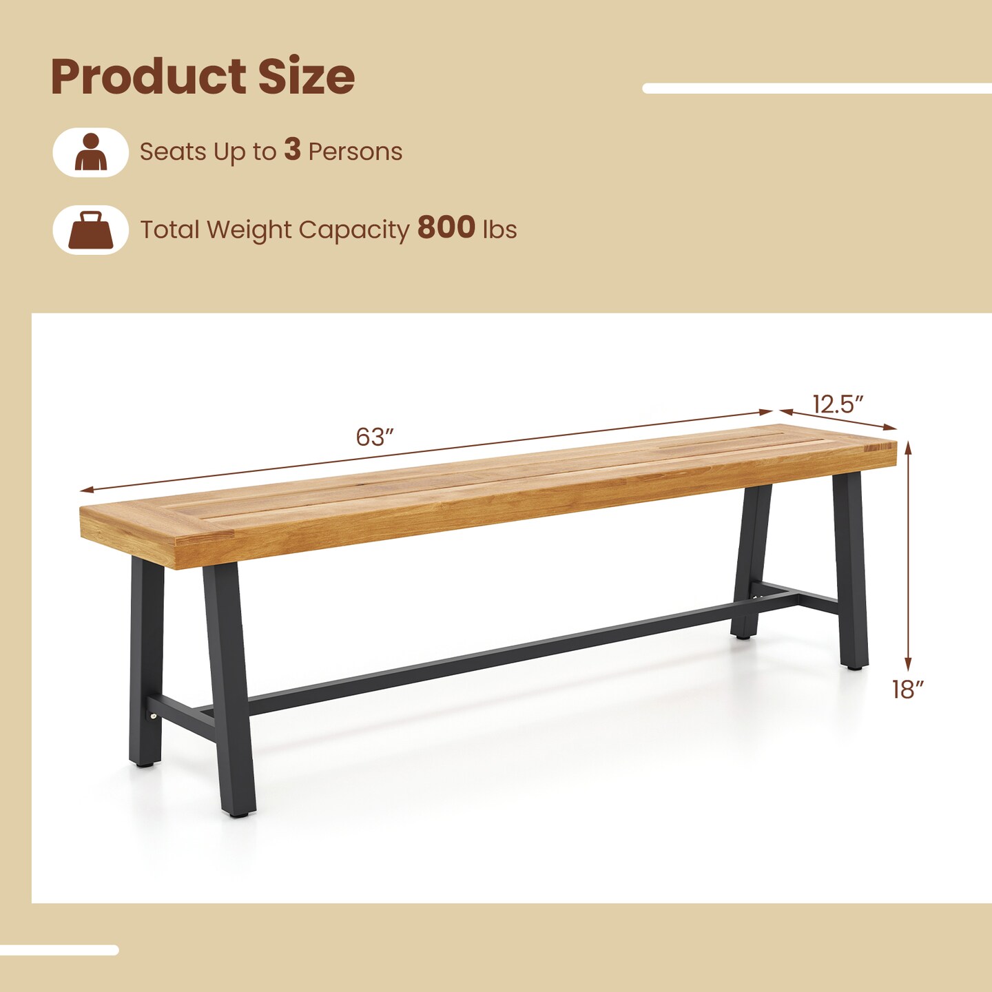 63 Inch Acacia Patio Wood Outdoor Backless Bench with Metal Frame Ideal for Patio Seating